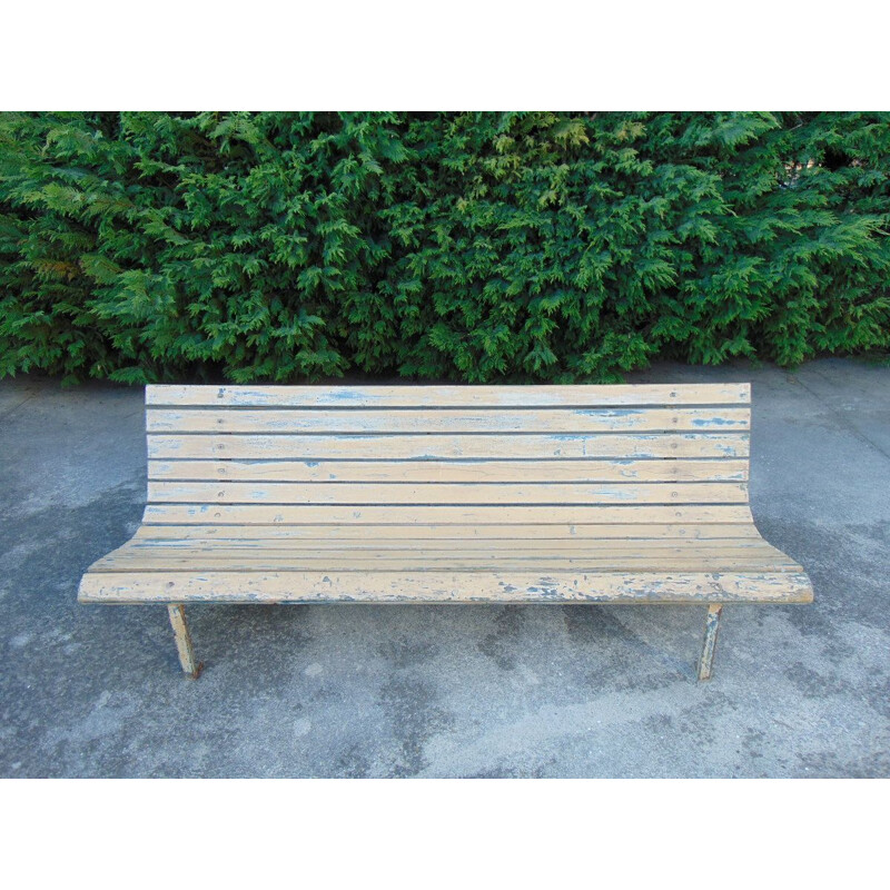 Train station vintage bench olid wood and iron feet 1950s