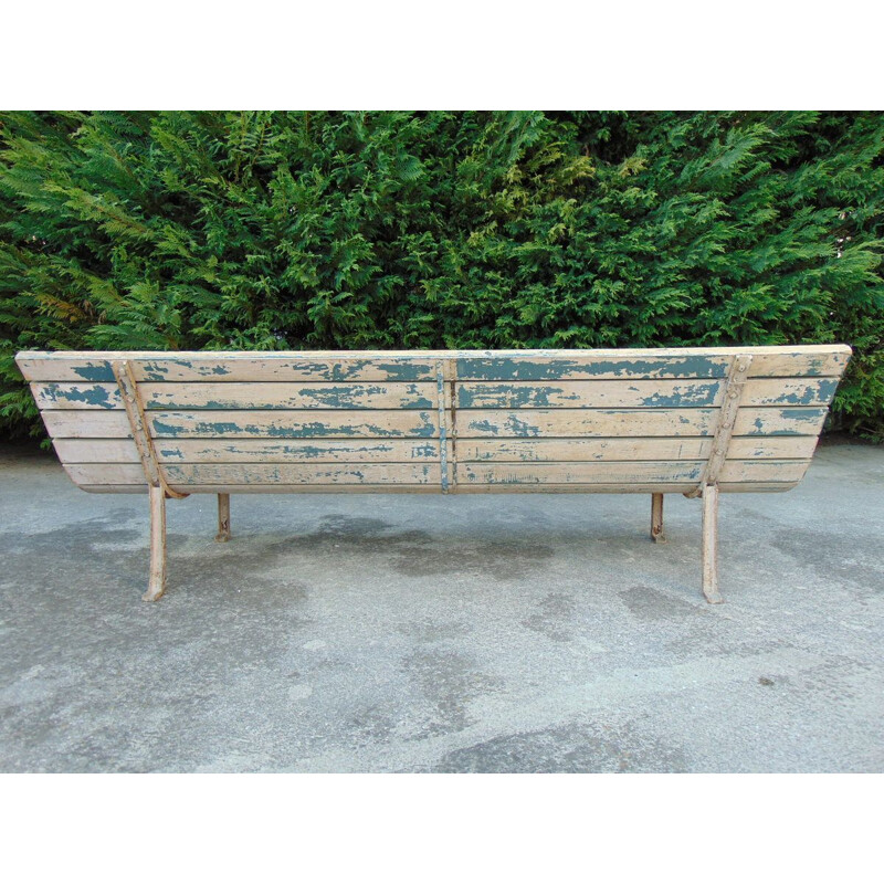 Train station vintage bench olid wood and iron feet 1950s