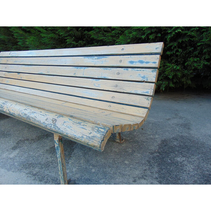 Train station vintage bench olid wood and iron feet 1950s