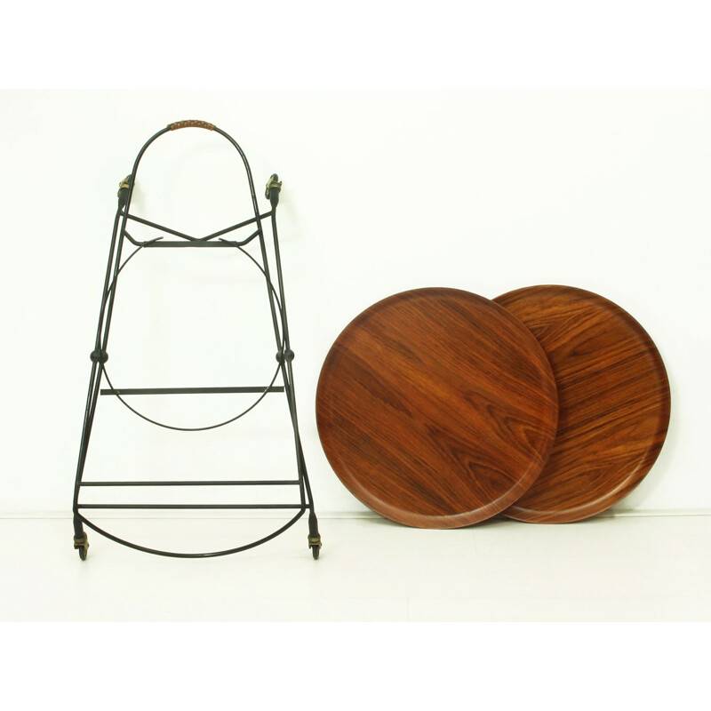 Vintage Foldable Metal and Teak Serving Trolley by Paul Nagel for Jie Gantofta - Swedish 1960s