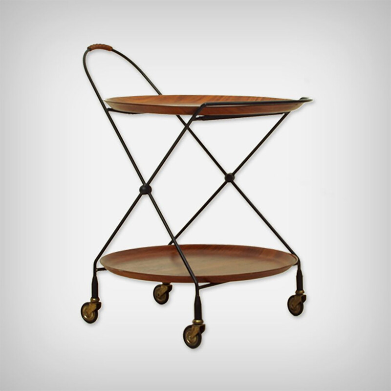 Vintage Foldable Metal and Teak Serving Trolley by Paul Nagel for Jie Gantofta - Swedish 1960s