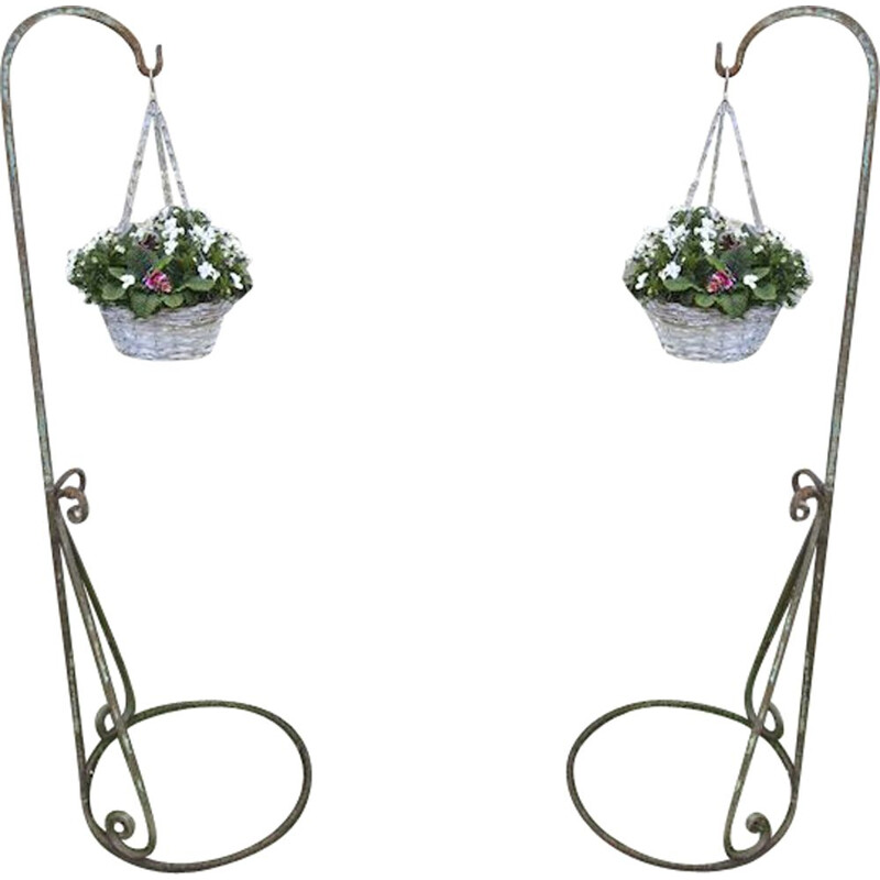 Pair of vintage wrought iron garden basket stands