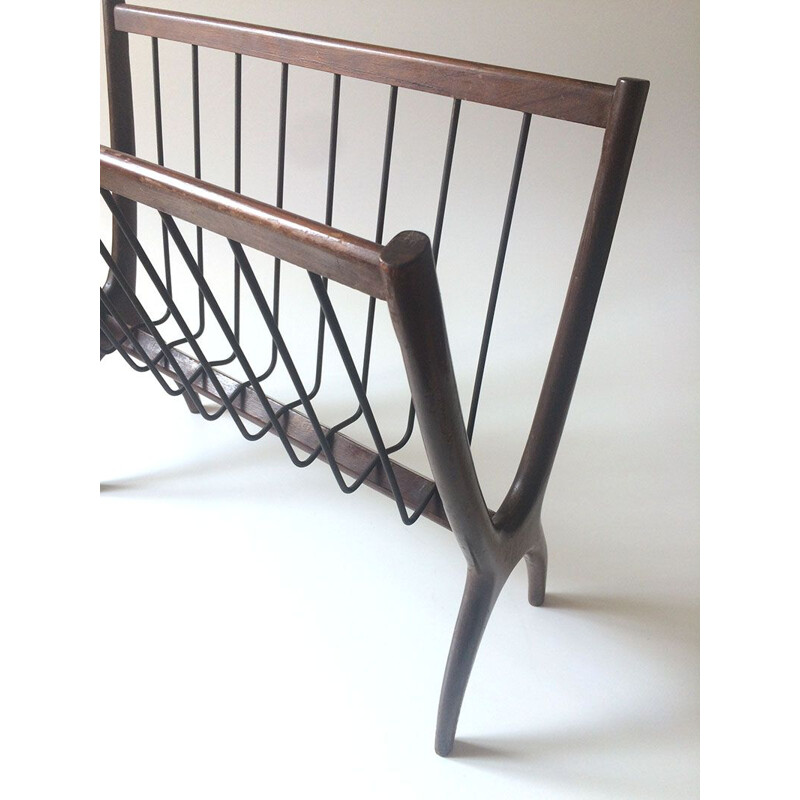 Vintage magazine rack in wood and brass