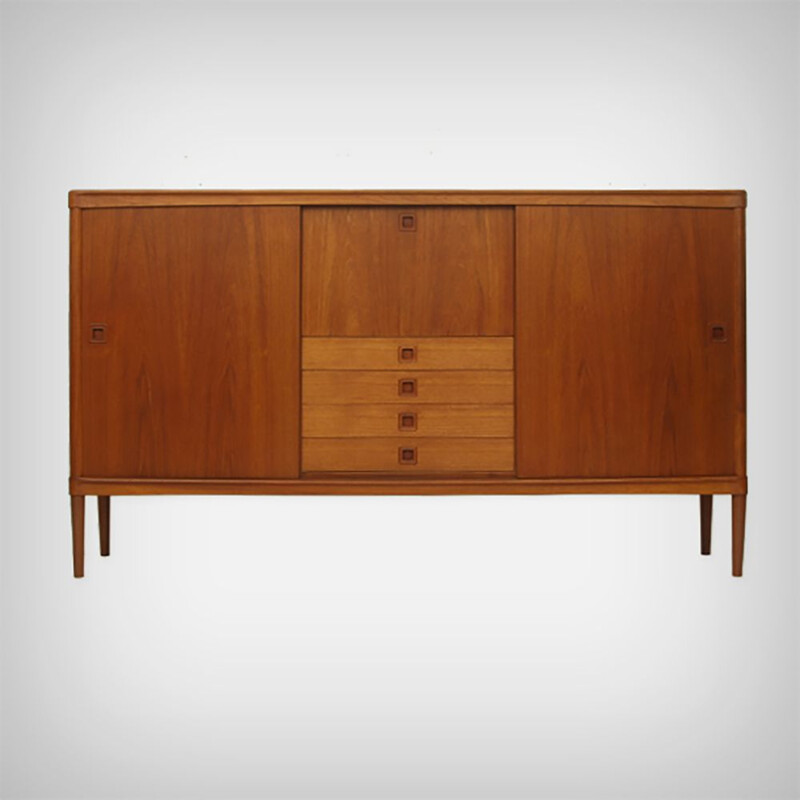 Vintage Teak Highboard With Sliding Doors by Henry W. Klein for Bramin Møbler Danish 1960s