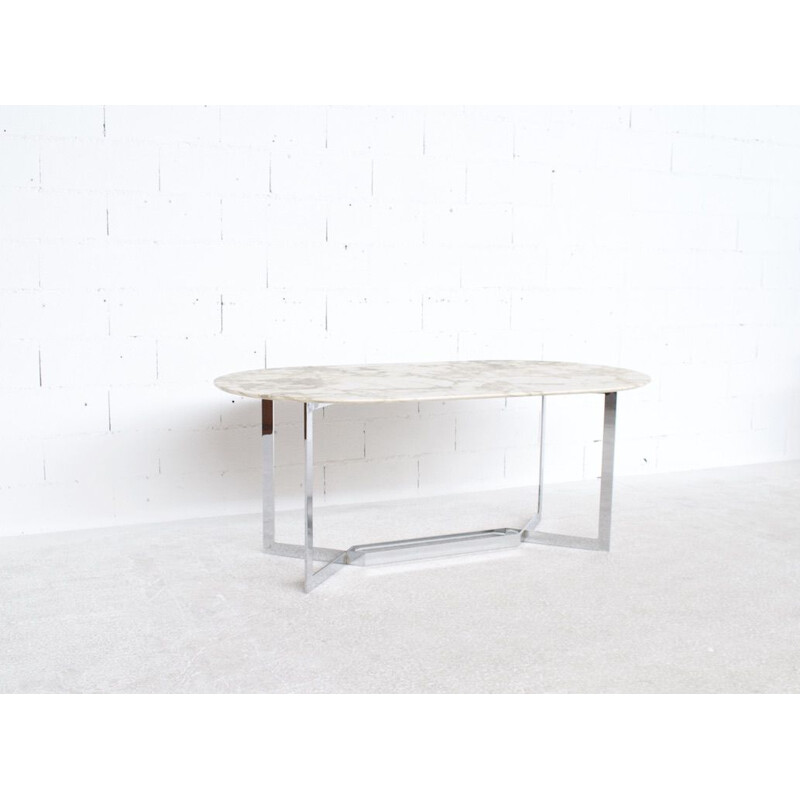 Vintage chromed steel and marble dining table by Paul Legeard, D.O.M. 1970