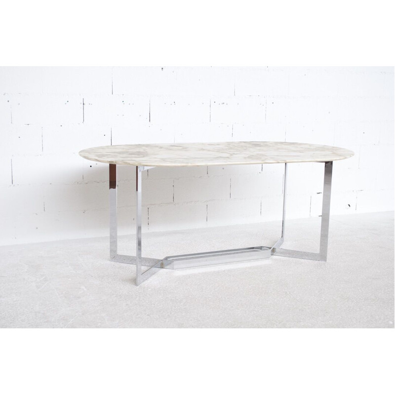 Vintage chromed steel and marble dining table by Paul Legeard, D.O.M. 1970