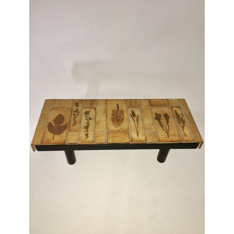 Table basse vintage Roger Capron céramique et bois