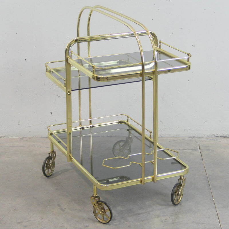 Vintage trolley in golden metal and grey tinted crystals Spain 1970s