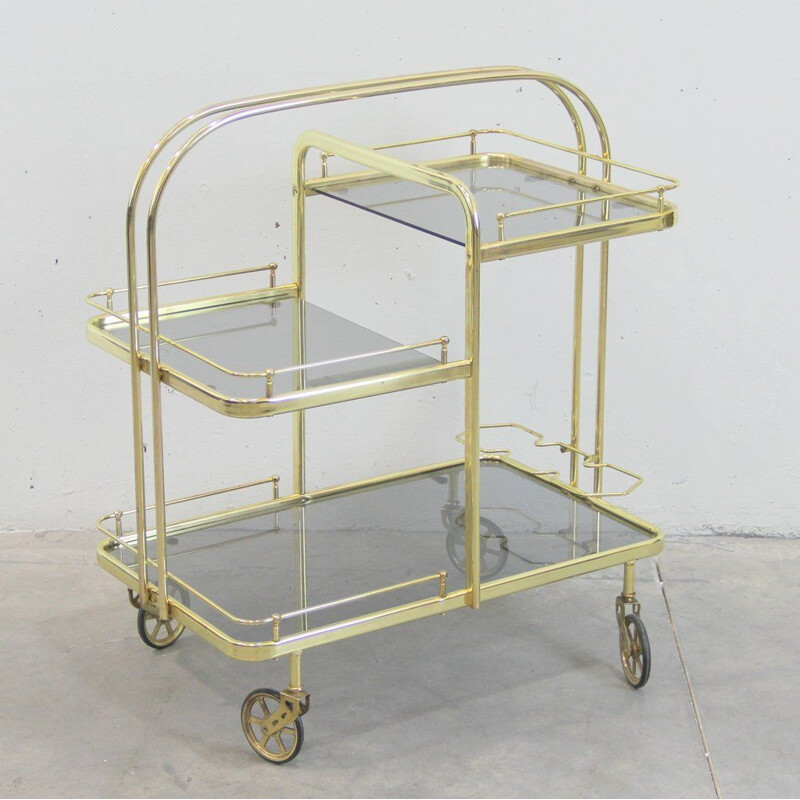 Vintage trolley in golden metal and grey tinted crystals Spain 1970s
