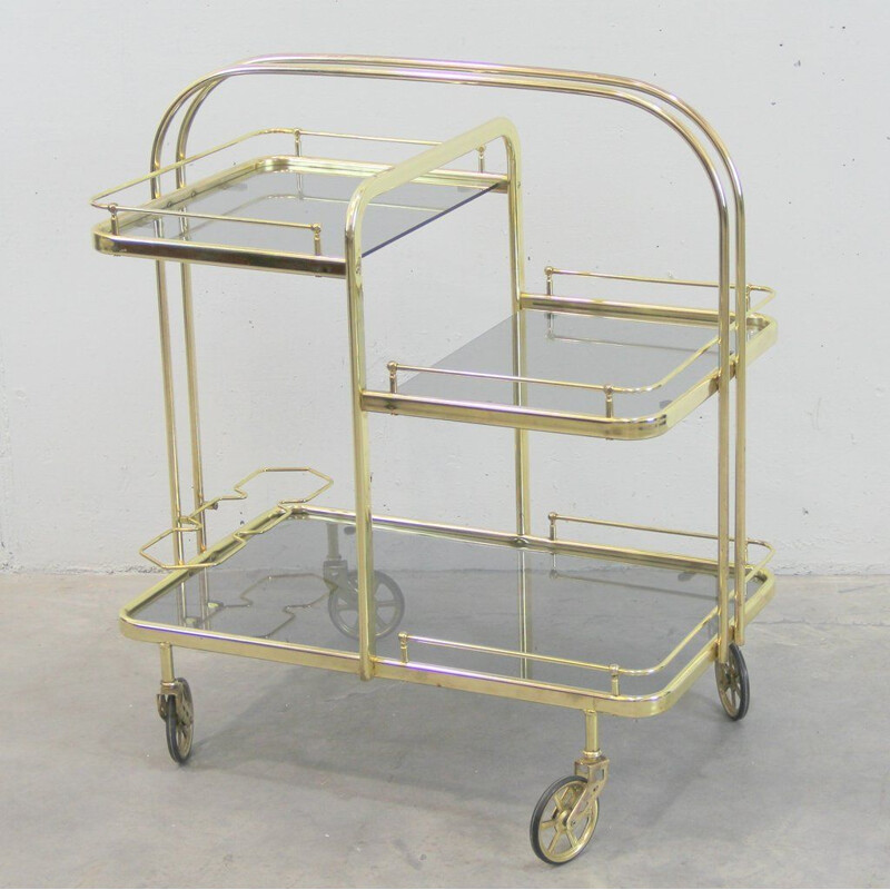 Vintage trolley in golden metal and grey tinted crystals Spain 1970s