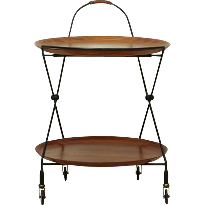 Vintage Foldable Metal and Teak Serving Trolley by Paul Nagel for Jie Gantofta - Swedish 1960s