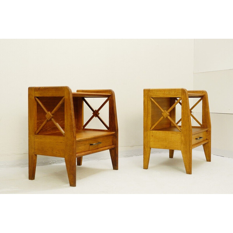 Pair of vintage oak bedside tables - atelier Saint Sabin reconstruction 1951