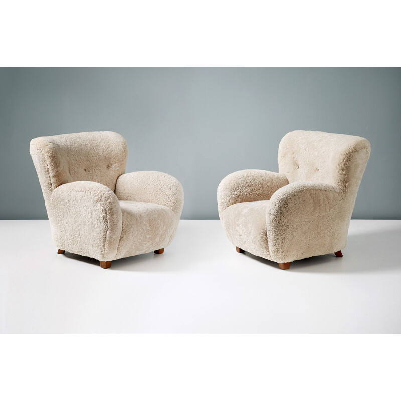 Pair of Vintage Flemming Lassen Sheepskin Armchairs 1940