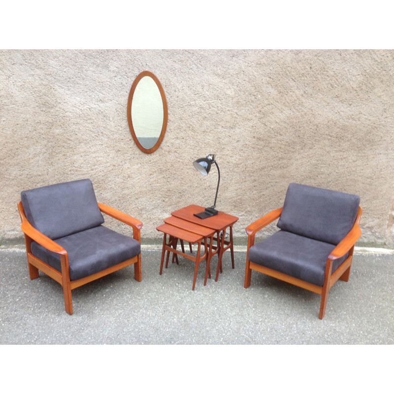 Ensemble de salon scandinave en teck avec 2 fauteuils - 1960