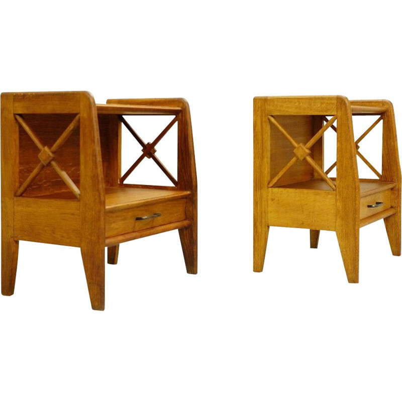 Pair of vintage oak bedside tables - atelier Saint Sabin reconstruction 1951