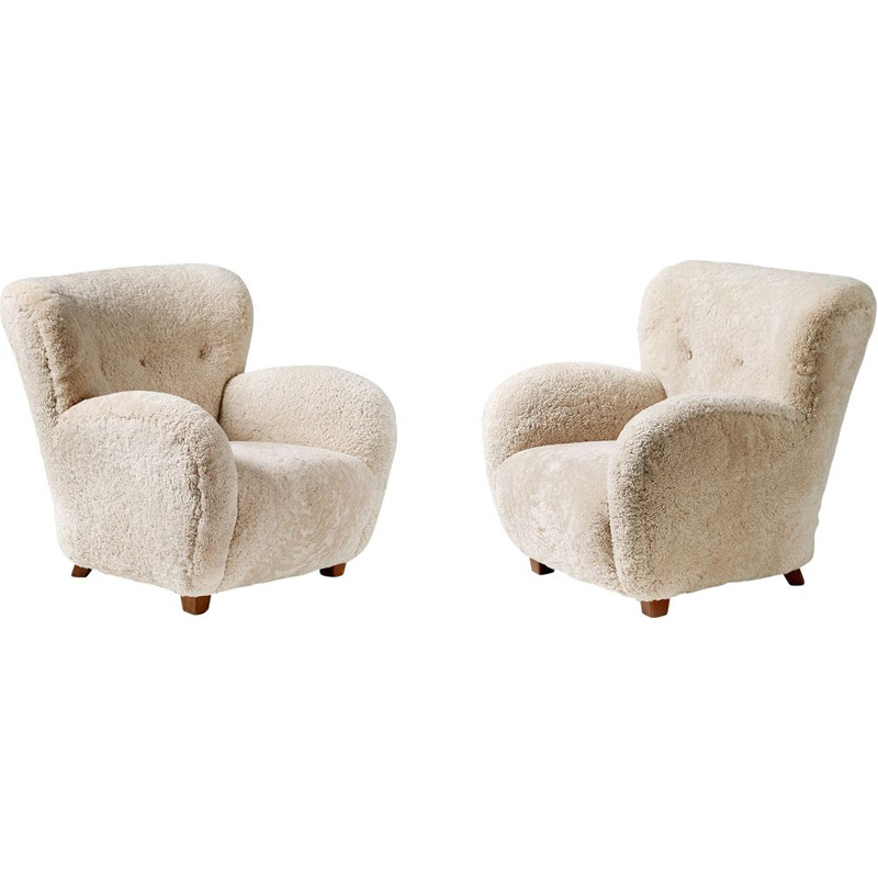 Pair of Vintage Flemming Lassen Sheepskin Armchairs 1940