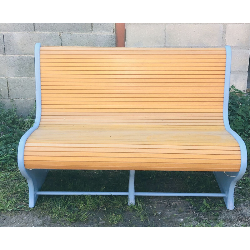 Vintage bench 2 seats blue wooden seat