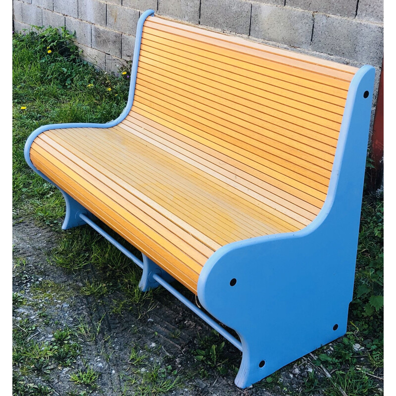 Vintage bench 2 seats blue wooden seat