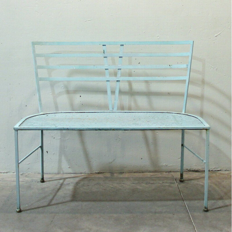 Vintage blue iron garden bench 