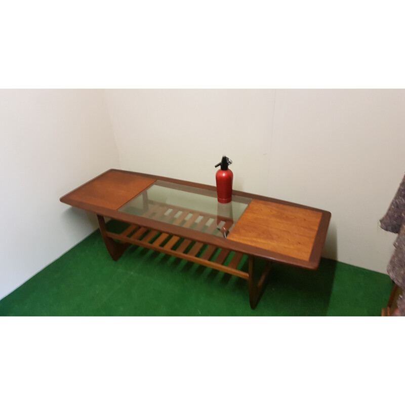 Table basse vintage en verre et bois