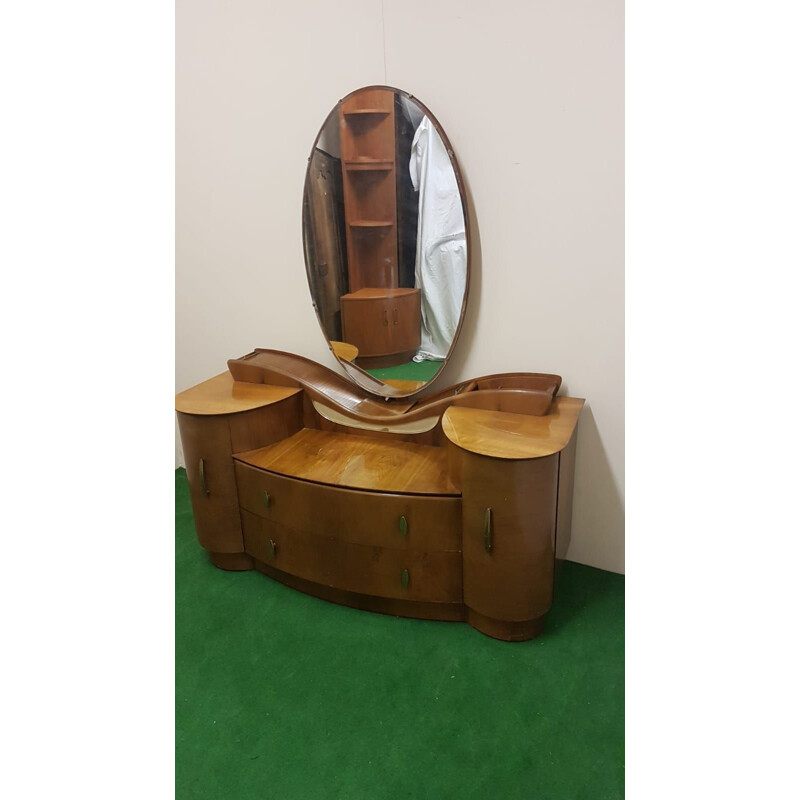 Vintage Art Deco oval iced walnut vanity unit