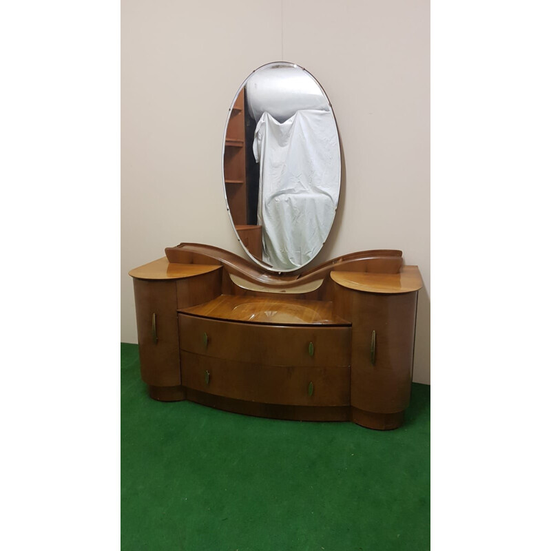 Vintage Art Deco oval iced walnut vanity unit