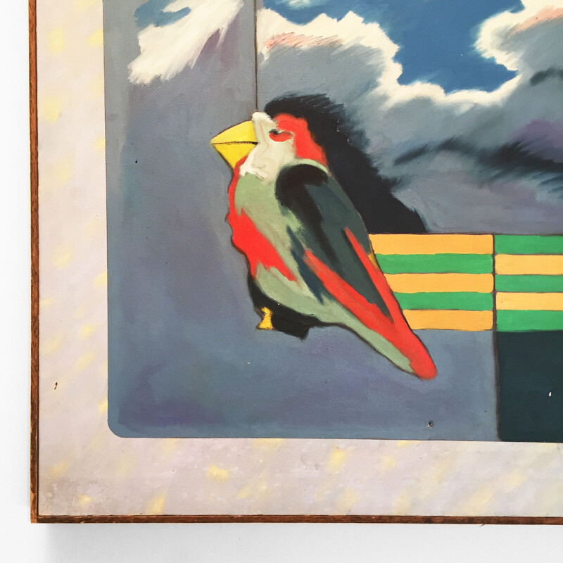 Peinture vintage "wise bird strategy" par Richard Frank, 1980