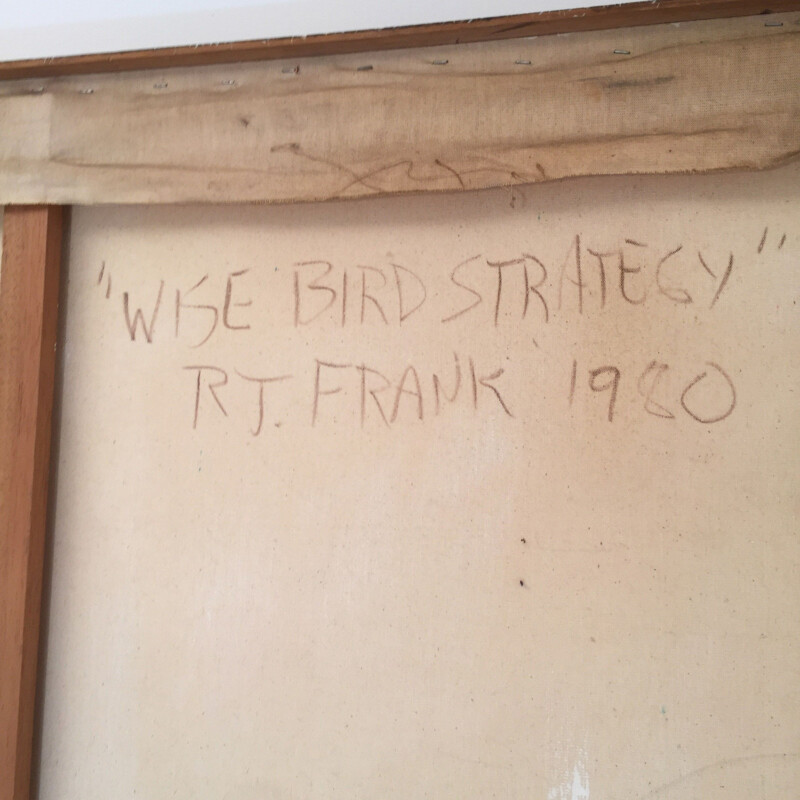 Peinture vintage "estrategia del pájaro sabio" par Richard Frank, 1980