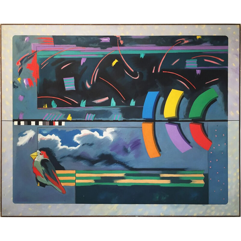 Peinture vintage "estrategia del pájaro sabio" par Richard Frank, 1980