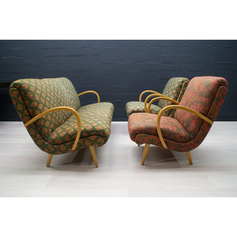 Set of Mid-Century Living Room : sofa and 2 armchairs in fabric, 1950s