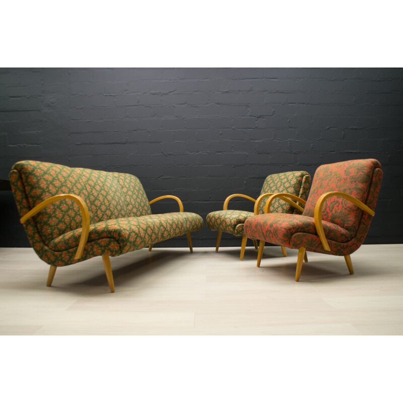 Set of Mid-Century Living Room : sofa and 2 armchairs in fabric, 1950s