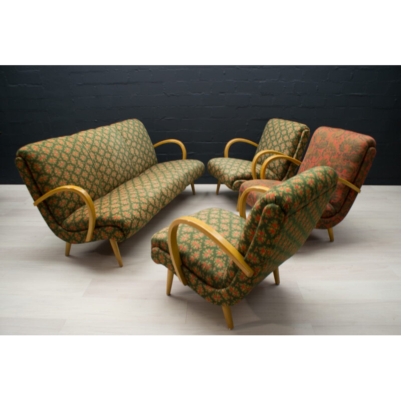 Set of Mid-Century Living Room : sofa and 2 armchairs in fabric, 1950s