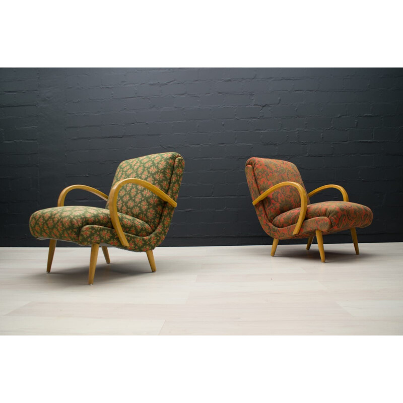 Set of Mid-Century Living Room : sofa and 2 armchairs in fabric, 1950s