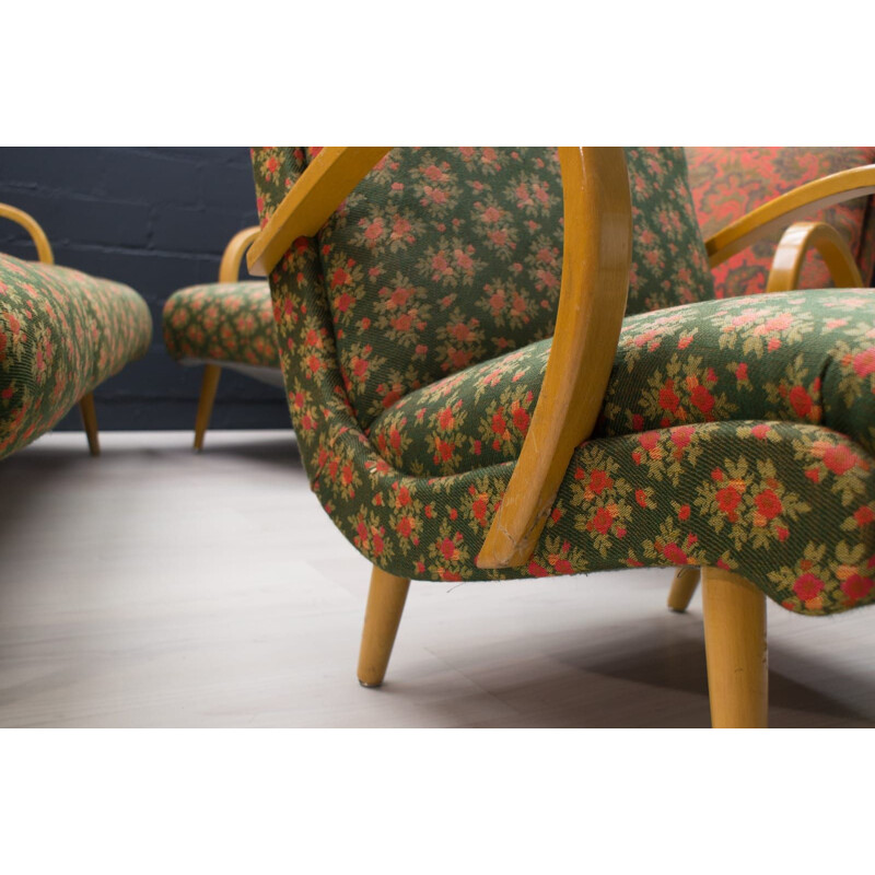 Set of Mid-Century Living Room : sofa and 2 armchairs in fabric, 1950s