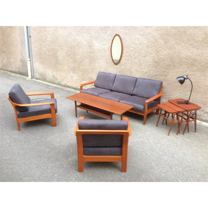 Set Vintage-Sofa und Sessel in Teakholz Gewebe Wildleder anthrazit skandinavischen 1960