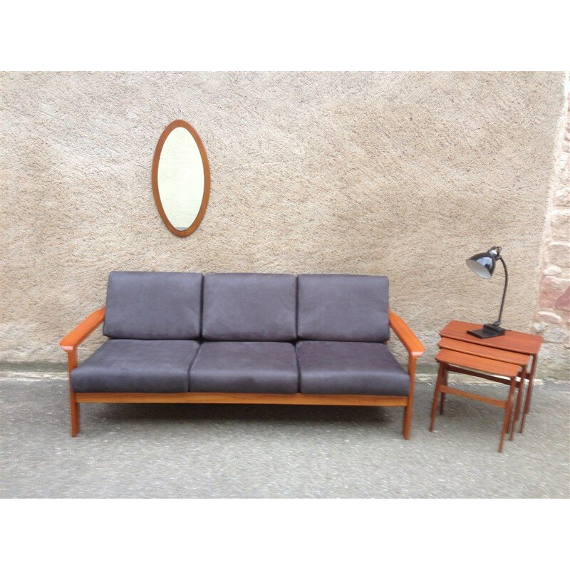 Vintage teak wood sofa and armchairs set 1960 scandinavian anthracite suede fabric