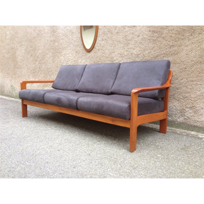 Vintage teak wood sofa and armchairs set 1960 scandinavian anthracite suede fabric