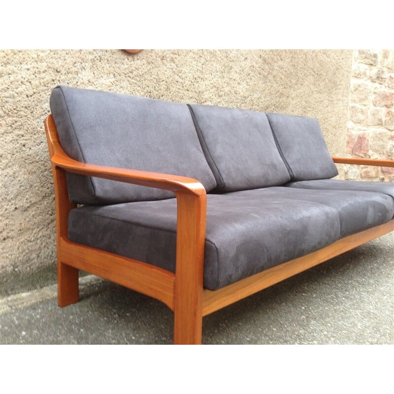 Ensemble canapé et fauteuils vintage en teck tissus suédine anthracite scandinave 1960