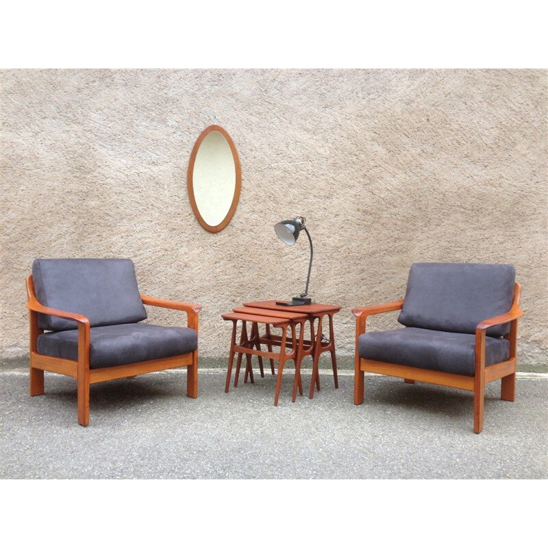 Ensemble canapé et fauteuils vintage en teck tissus suédine anthracite scandinave 1960