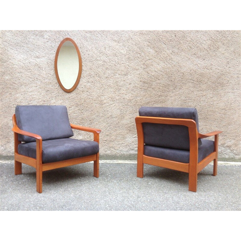 Ensemble canapé et fauteuils vintage en teck tissus suédine anthracite scandinave 1960