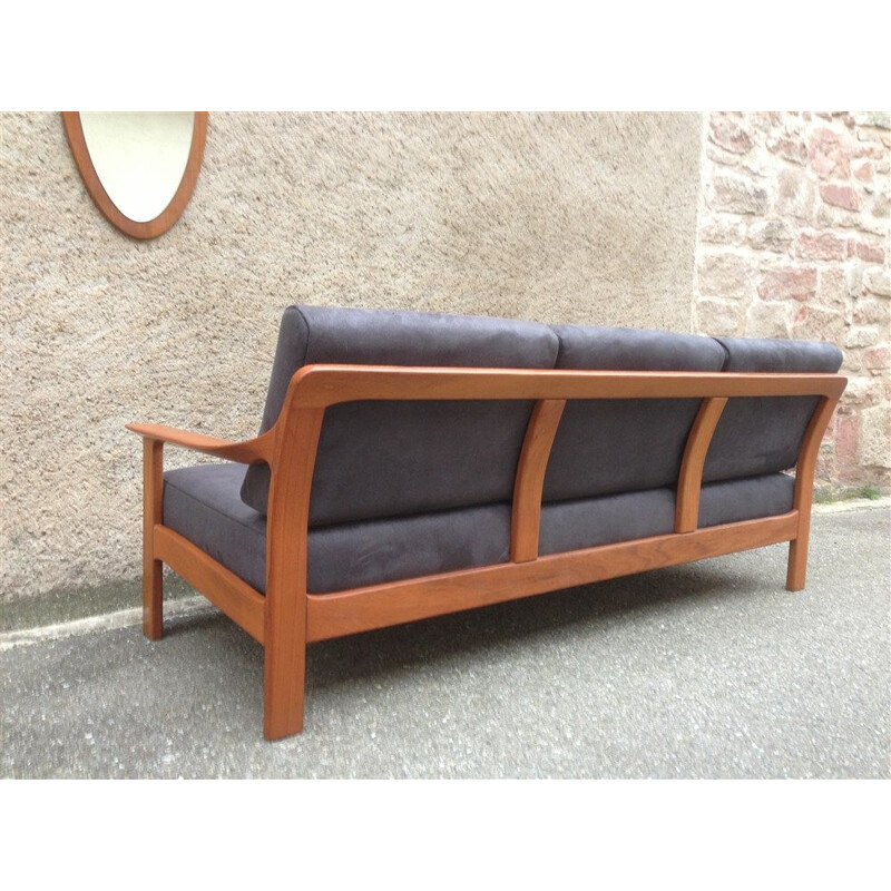 Ensemble canapé et fauteuils vintage en teck tissus suédine anthracite scandinave 1960
