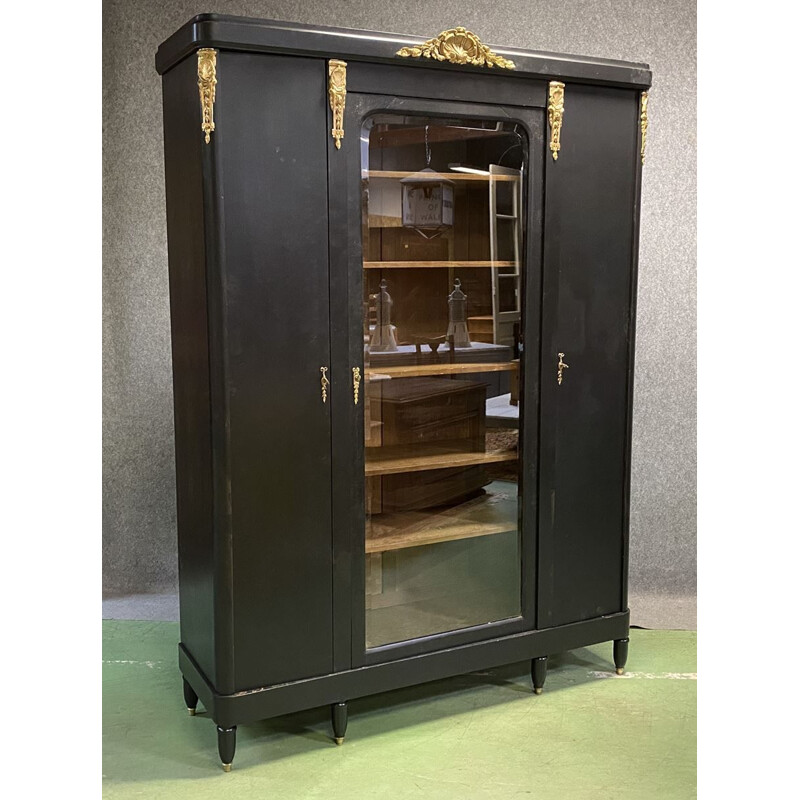 Vintage oak bookcase with black matt patina and early 20th century bronze finish