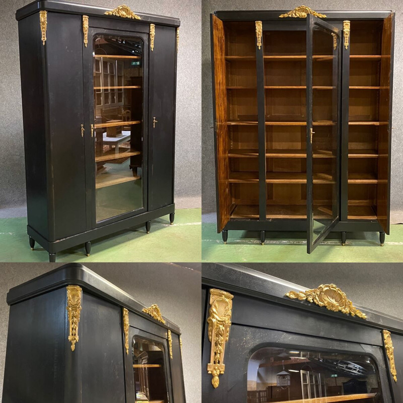 Vintage bookcase in matte black patina oak and bronze
