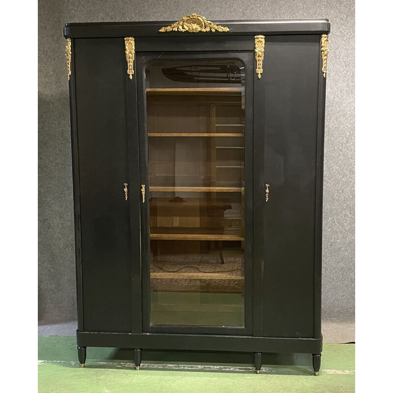 Vintage oak bookcase with black matt patina and early 20th century bronze finish