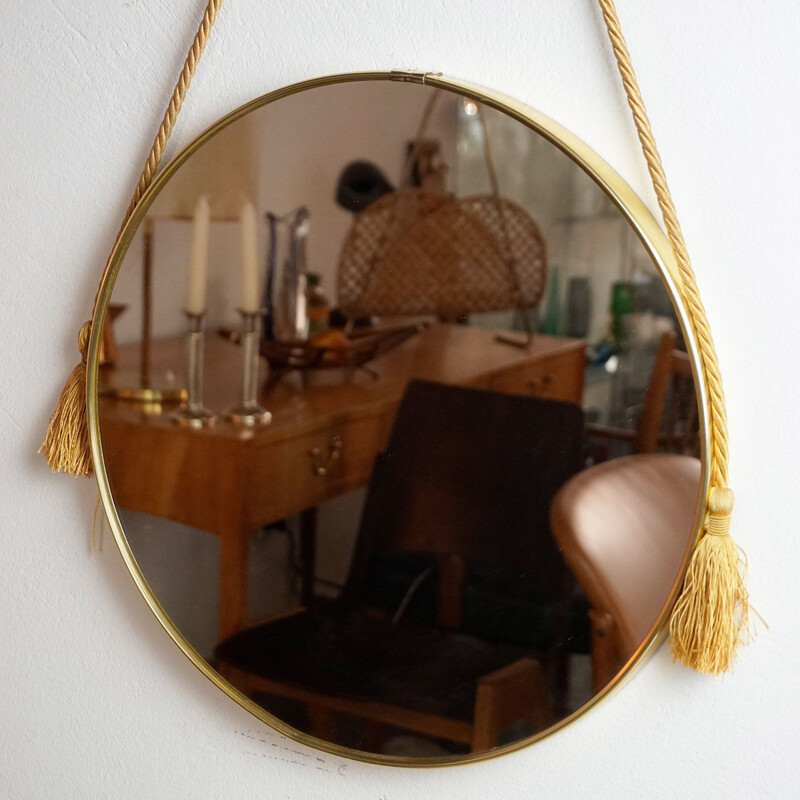 Midcentury Brass Mirror with Satin Rope Circular Italian