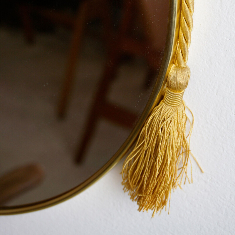 Midcentury Brass Mirror with Satin Rope Circular Italian