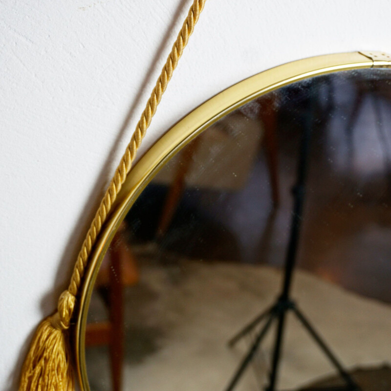 Miroir vintage en laiton avec corde de satin circulaire italien