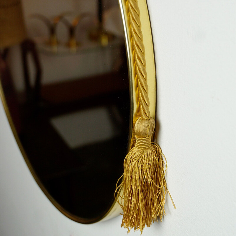 Miroir vintage en laiton avec corde de satin circulaire italien