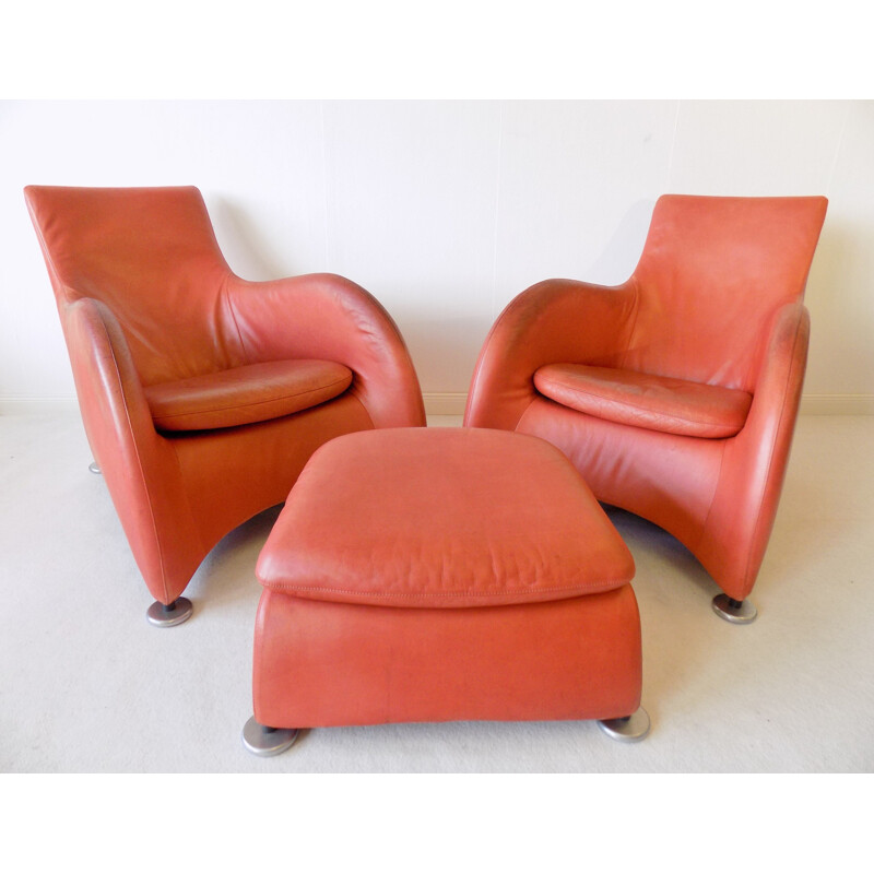 Pair of Vintage leather loungechairs with ottoman Montis Loge by Gerard van den Berg