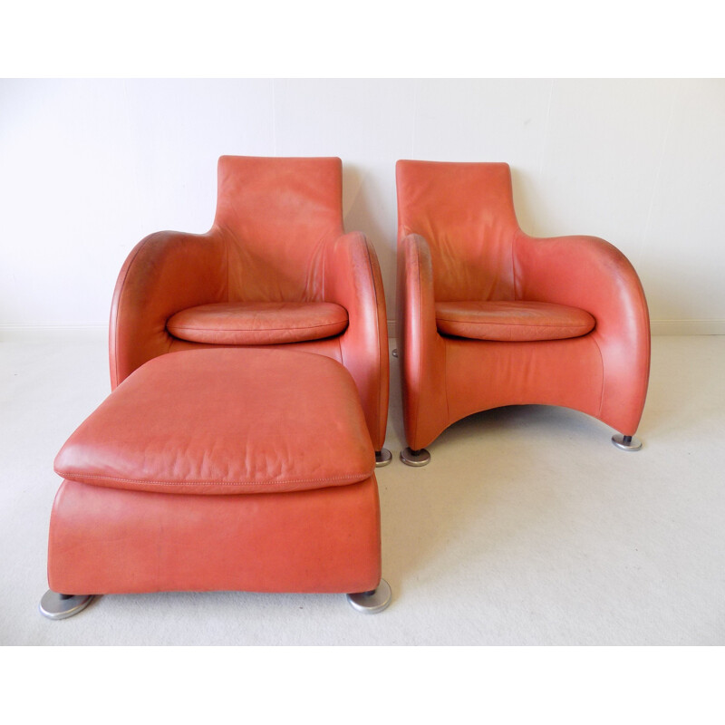 Paire de fauteuils lounge en cuir vintage avec ottoman Montis Loge de Gerard van den Berg
